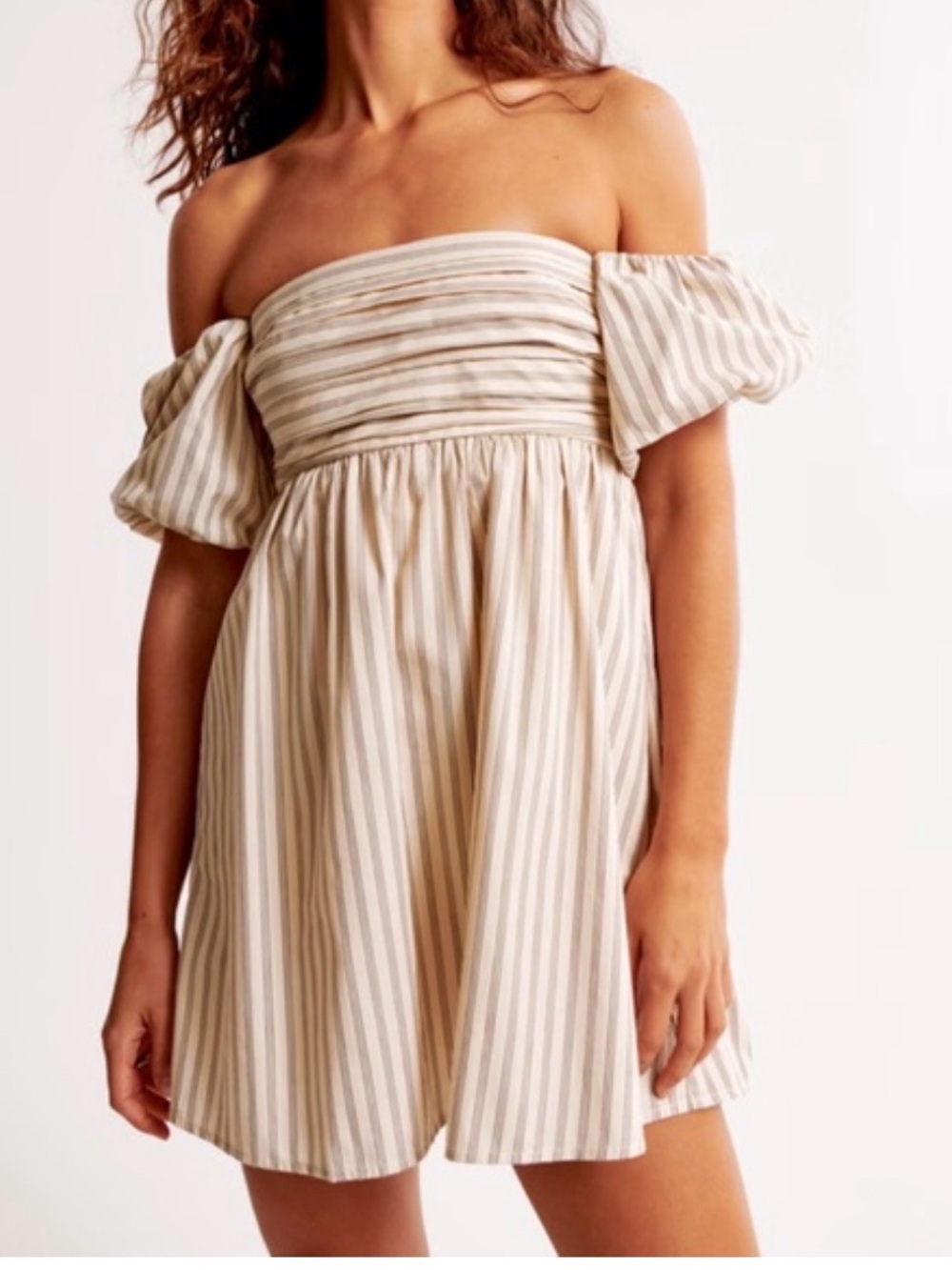 Off-Shoulder Striped Romper in Cream and Tan